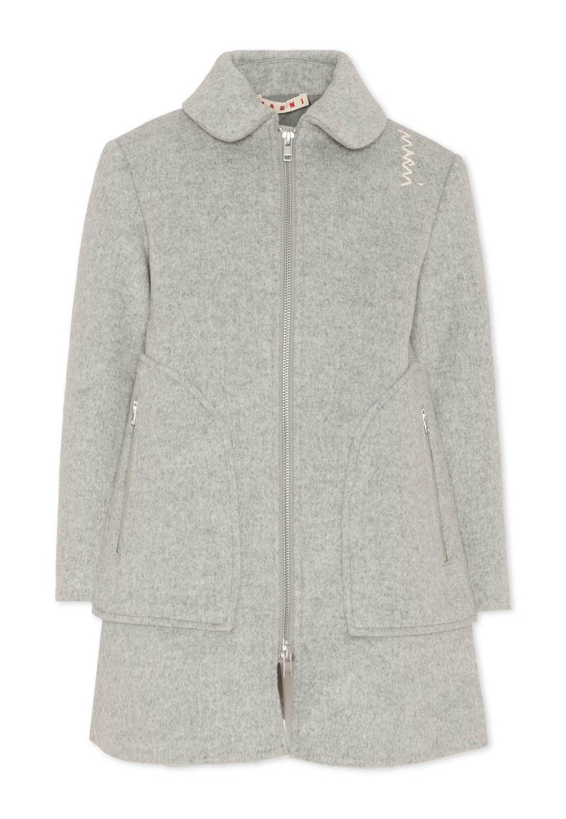 Cappotto di lana grigio con colletto, zip frontale, due tasche laterali e minimal dettagli di cucitura sulle spalle. Tessuto testurizzato.