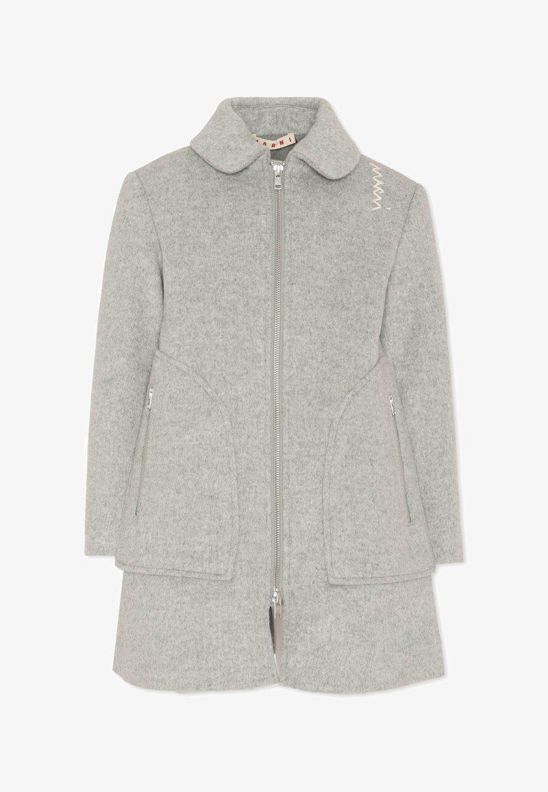 Cappotto di lana grigio con colletto, zip frontale, due tasche laterali e minimal dettagli di cucitura sulle spalle. Tessuto testurizzato.