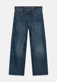 Lässige blaue Jeans aus Denim mit mittlerer Taille, kontrastierenden Nähten, fünf Taschen und einem geraden Beinschnitt. Sauberer Abschluss ohne Verzierungen.