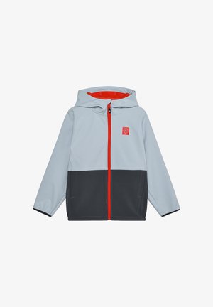 Giacca con cappuccio, parte superiore grigio chiaro, sezione inferiore grigio scuro, zip rossa brillante e fodera interna, con un piccolo logo sul petto.