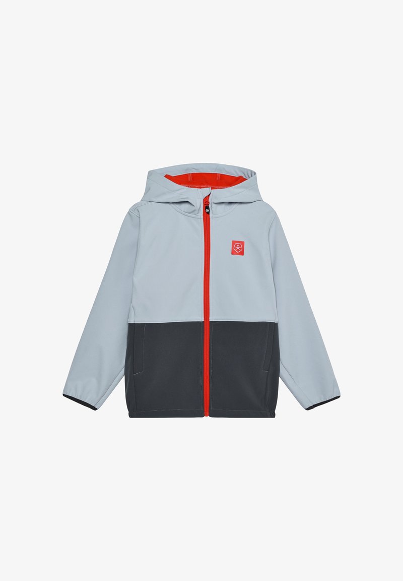 Kapuzenjacke, hellgrauer Oberteil, dunkelgrauer Unterteil, leuchtend roter Reißverschluss und Innenfutter, mit kleinem Logo auf der Brust.