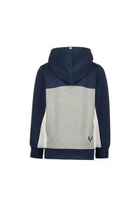 Hooded sweatshirt with navy sleeves and hood, gray back panel, white side panels, and small black logo near hem, shown from the back.