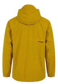 Keltainen hupullinen takki, jossa on joustavat hihansuut ja pieni musta "DFUNDANGO"-logo yläselän oikealla puolella.