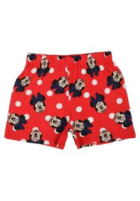 Shorts rouges avec une taille élastique, ornés d'un motif de têtes de Minnie Mouse alternées et de pois blancs. En coton.
