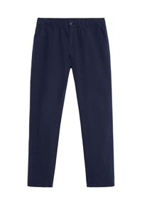 Pantalones de algodón liviano en azul marino, con cintura elástica, bolsillos laterales, diseño de pierna recta y sin patrones ni decoraciones visibles.