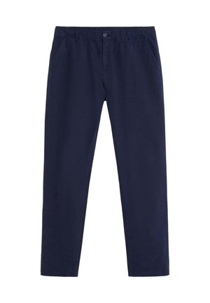 Pantalones de algodón liviano en azul marino, con cintura elástica, bolsillos laterales, diseño de pierna recta y sin patrones ni decoraciones visibles.