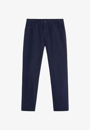 Pantalones de algodón liviano en azul marino, con cintura elástica, bolsillos laterales, diseño de pierna recta y sin patrones ni decoraciones visibles.