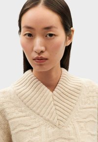 Pull crème avec un col châle épais et côtelé, et un motif de tricot texturé, offrant une coupe décontractée et un tissu doux.