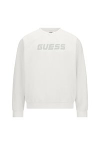 Balta sportinė maikutė su guma apdirbtais rankogaliais ir apačia, puikuojanti dideliu, reljefiniu "GUESS" logotipu priekyje, šiek tiek tamsesnėje atspalvyje.