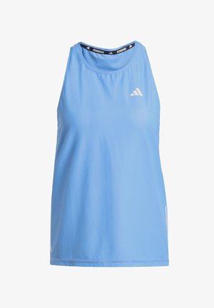 Jasnoniebieska sportowa koszulka bez rękawów z oddychającego materiału, z okrągłym dekoltem, białym logo na piersi oraz bocznymi akcentami.