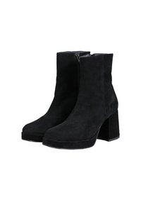 Schwarze Wildleder-Stiefeletten mit einem quadratischen Absatz und Reißverschluss. Sie haben eine glatte Textur und ein rundes Zehen-Design.