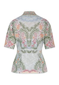 Lühikeste varrukatega vormis pluus kõrge kraega, mis on kaunistatud keerukate mitmevärviliste lille- ja spiraalmustritega helehallil taustal.