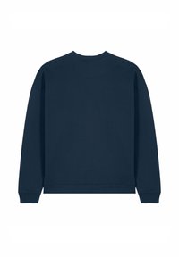 Sweat-shirt bleu marine à manches longues avec col rond, poignets et ourlet côtelés, vu de dos sur fond blanc.
