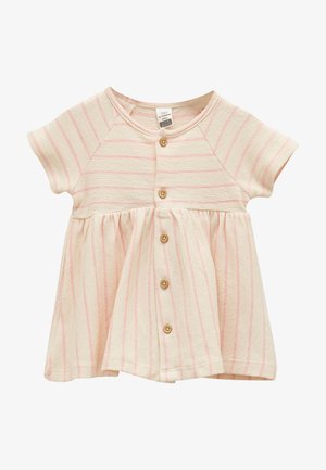 Babyjurk met korte mouwen, roze strepen, houten knopen aan de voorkant en een geplooide taille van zacht, gestructureerd materiaal.