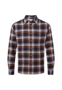 Long-sleeve plaid shirt in dark navy, orange, and white. Cotton fabric with a button-up front and a chest pocket. Classic checkered pattern.