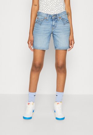 Person iført lyseblå denimshorts, hvide sneakers med blå accenter, lyseblå Nike sokker og en hvid mønstret top, stående op ad en almindelig væg.