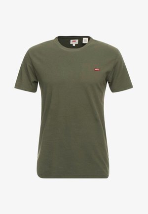 Olivengrønn T-skjorte med korte ermer laget av bomull, med rund hals og en liten rød Levi's-logo på brystet. Glatt tekstur.