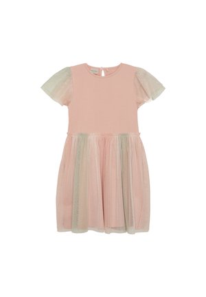 Robe rose avec des manches courtes en tulle pailleté et une jupe en tulle en couches dans des teintes pastel. Présente un col rond et une fermeture à boutons au dos.