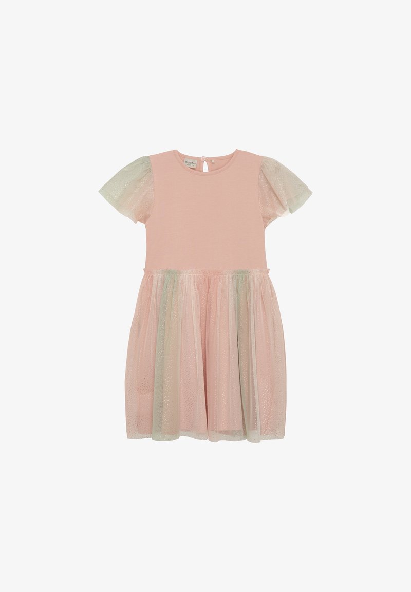 Pink dress with short, sheer, glittery sleeves and a layered tulle skirt in pastel shades. Features a round neckline and back button closure.