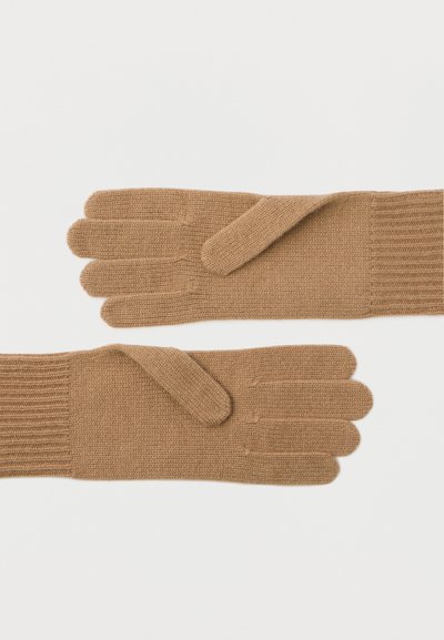 Braune gestrickte Handschuhe mit einem gerippten Bündchen, das ein Daumen- und vier Finger-Design aufweist. Weiche Textur und nahtlose Verarbeitung.