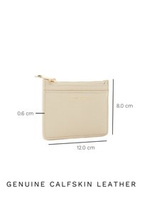 Cream-colored genuine calfskin leather cardholder, featuring a zip closure, embossed logo, slim design, and dimensions of 12 x 8 x 0.6 cm.