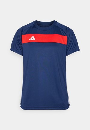 Navy blue athletic t-shirt featuring a horizontal red stripe across the chest and three white stripes on the sleeves. Material is smooth and lightweight.