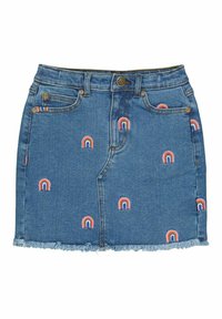 Jeansminikjol med ett broderat regnbågsmönster i flera färger, med fransad nederkant och standard denimfickor.