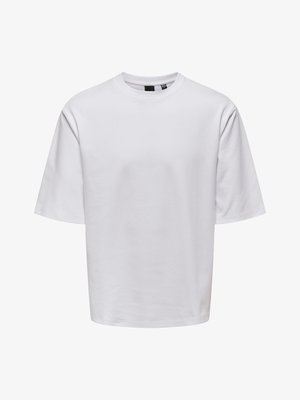 Valge lühikeste varrukatega T-särk, mis on valmistatud siledast puuvillast, millel on ümar kaelus ja lõdvestunud istuvus peente õmblusdetailidega.