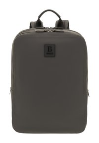 Zaino in pelle grigia dal design elegante, impreziosito da una toppa con logo nero e robuste cerniere. Dotato di doppie spalline e manico superiore.