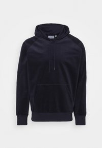Dunkelblaues Hoodie aus weichem, strukturiertem Stoff. Verfügt über eine Fronttasche, eine verstellbare Kapuze mit Kordelzug und gerippte Bündchen und Saum.