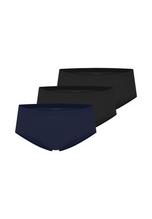 Three pairs of seamless hipster-style women's underwear in navy blue and black, arranged in a staggered row against a white background.