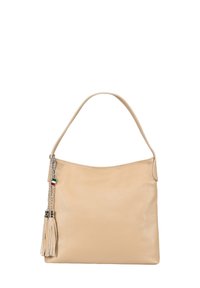Sac à main en cuir beige au design décontracté, doté d'une seule bandoulière et d'un gland décoratif avec quincaillerie métallique et accent du drapeau italien.