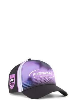 Schwarze und violette Formula 1 Racing League Kappe mit weißem Logo und Las Vegas Grand Prix 2023 Aufnäher an der Seite.