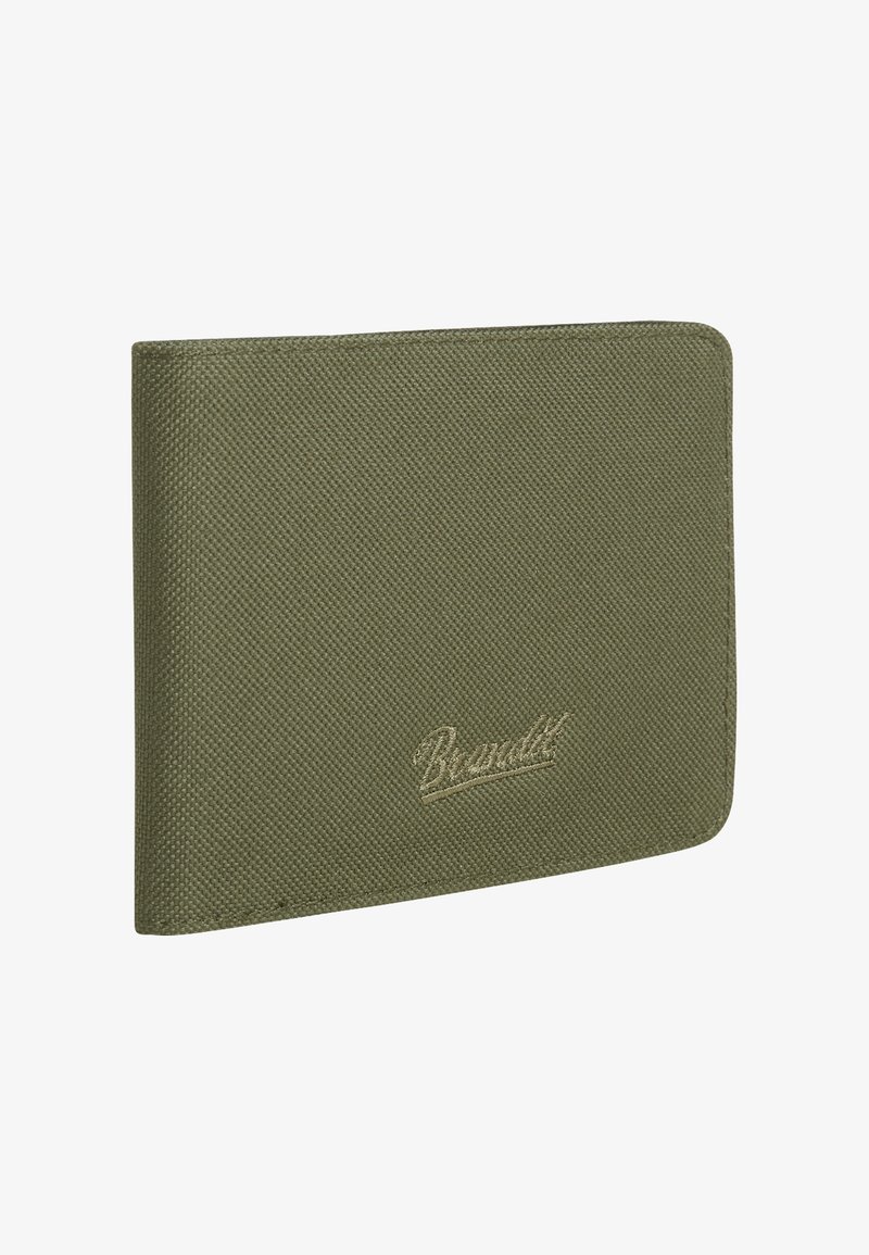 Novčanik maslinaste boje izrađen od teksturiranog materijala, s glatkom završnom obradom i ugraviranim logotipom. Tanak, pravokutan dizajn s zaobljenim rubovima.
