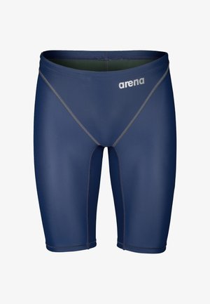 Navy blue men's swim jammers with grey stitching and "arena" logo on the front left hip, designed for competitive swimming.