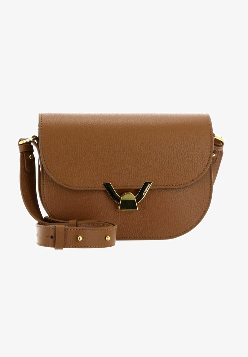 Brown textured leather crossbody bag with a flap closure and gold-tone hardware. Features a curved shape and adjustable strap.