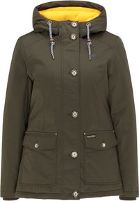 Olivgrön huvjacka med gul fleecefoder, knappknäppning, två framfickor med klaff och randiga dragsnören på huven.