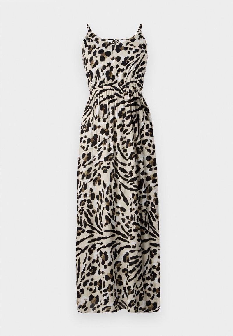 Maxi-jurk met panterprint, verstelbare spaghetti-bandjes, vastgebonden taille, vloeiende stof en een beige achtergrond met zwarte en bruine patronen.