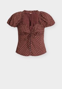 Μπορντό μπλούζα με φουσκωτά μανίκια και δέσιμο μπροστά, διακοσμημένη με χρυσά λουλουδένια σχέδια, κουμπιά και υφασμάτινη υφή.