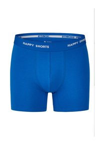 Blaue Boxershorts aus weichem Stoff. Mit einem weißen elastischen Bund und "HAPPY SHORTS"-Logo. Klassischer Schnitt mit engem Sitz.