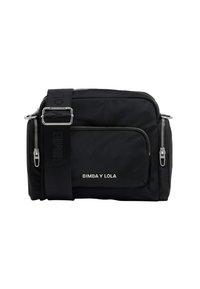Borsa a spalla nera in nylon con zip argentate, tracolla regolabile, due tasche frontali e branding bianco "BIMBA Y LOLA" sulla parte anteriore.