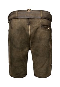 Bruna lädershorts med en strukturerad yta, som har hög midja, bakfickor och förstärkt sömnad vid sidosömmarna.