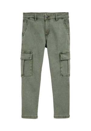 Cargo broeken in vervaagd olijfgroen denim. Voorzien van twee zijzakken en een knoopsluiting. Rechte pijpen met verzorgde zoom.