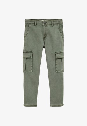 Elhalványult olajzöld farmer cargo nadrág. Két oldalsó zsebével és gombos záródással rendelkezik. Egyenes szárú dizájn, igényes szegésekkel.