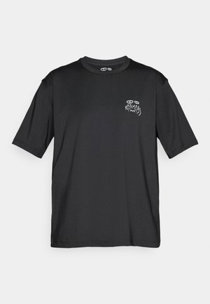Black short-sleeve athletic t-shirt with small perforations on sides and “KARMA” text and eye graphic on left chest.