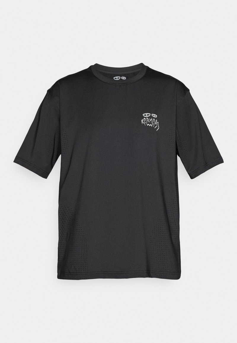 Black short-sleeve athletic t-shirt with small perforations on sides and “KARMA” text and eye graphic on left chest.