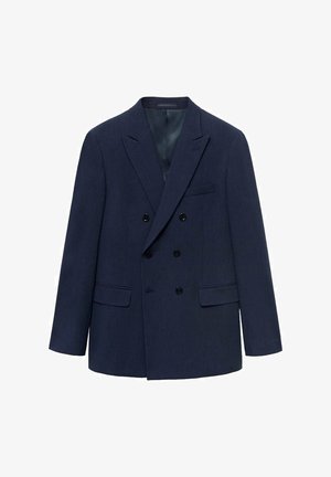Dunkelblazer mit doppelter Reihe und Spitzenrevers, zwei vorderen Taschen und schwarzen Knöpfen; aus strukturiertem Stoff gefertigt.