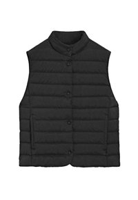 Smanicato imbottito nero con collo alla coreana, chiusura con bottoni e design trapuntato; presenta tasche laterali e materiale leggero e testurizzato.