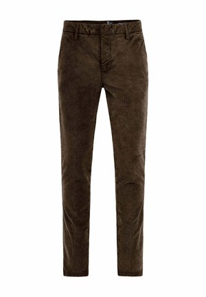 Pantalones ajustados de pana marrón con trabillas para cinturón y bolsillos delanteros, mostrados planos sobre un fondo blanco.