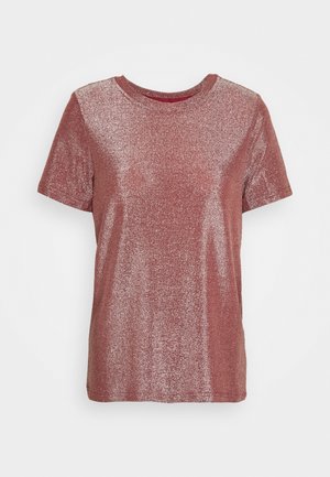 Kurzärmeliges, rosenrosa glitzerndes T-Shirt mit Rundhalsausschnitt, flach auf weißem Hintergrund dargestellt.